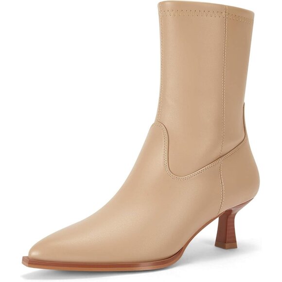 Women's Khaki Pointed Toe Ankle Boots Stacked Kitten Low Heel Side Zipper - Picture 1 of 6